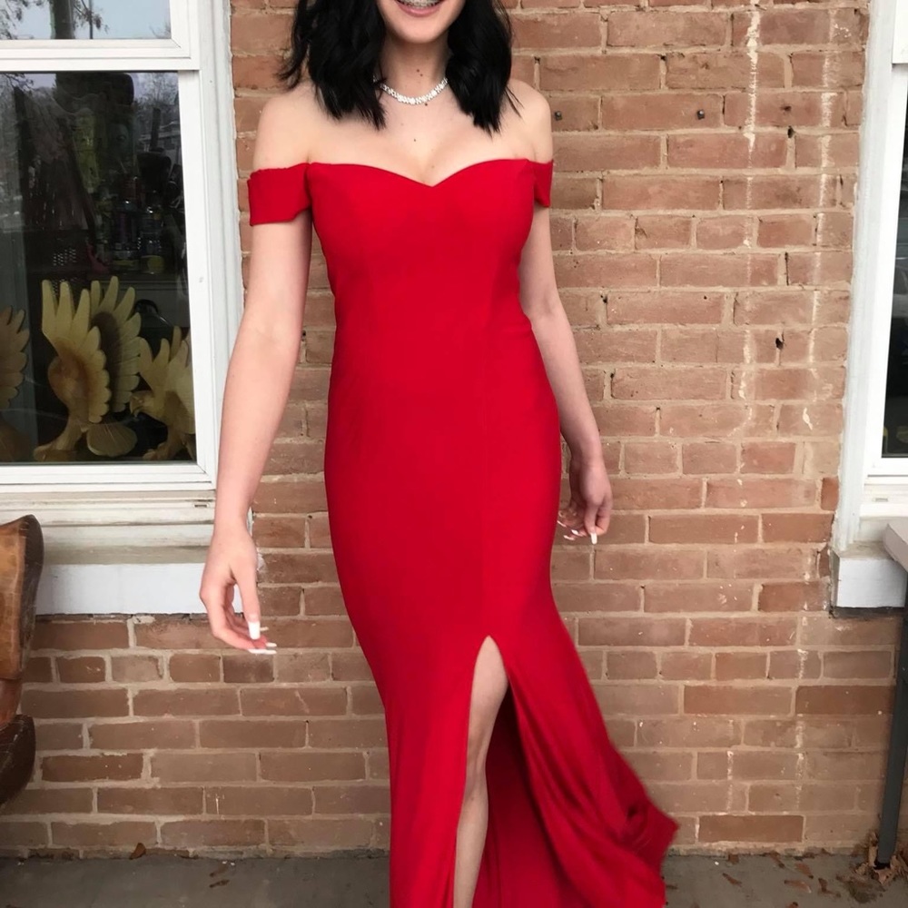 Prom Girl off the shoulder red prom dress